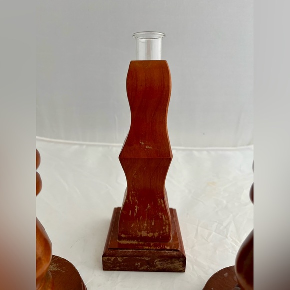 Vintage Handmade Wooden Candlestick Holders Wooden Propagation Bud Vase Set of 3 - Picture 4 of 9